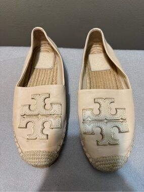 Tory Burch Beige Leather Espadrille Flats with Logo
